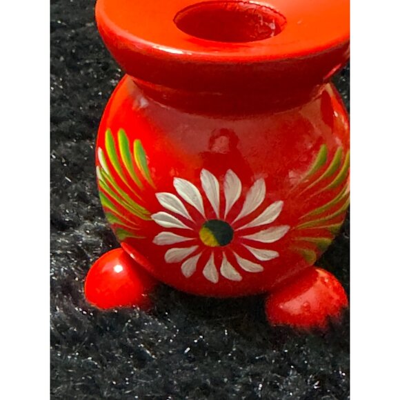 Sweden Hand-Painted Red Wooden Mini Candle Holders Floral Daisy - Picture 4 of 10